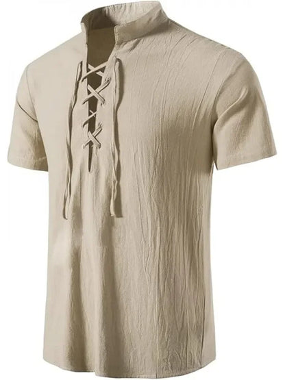 Men's Pure Cotton Retro Lace Up Shirts, Renaissance Pirate Viking Medieval Style, T-shirt for daily leisure and Halloween stage