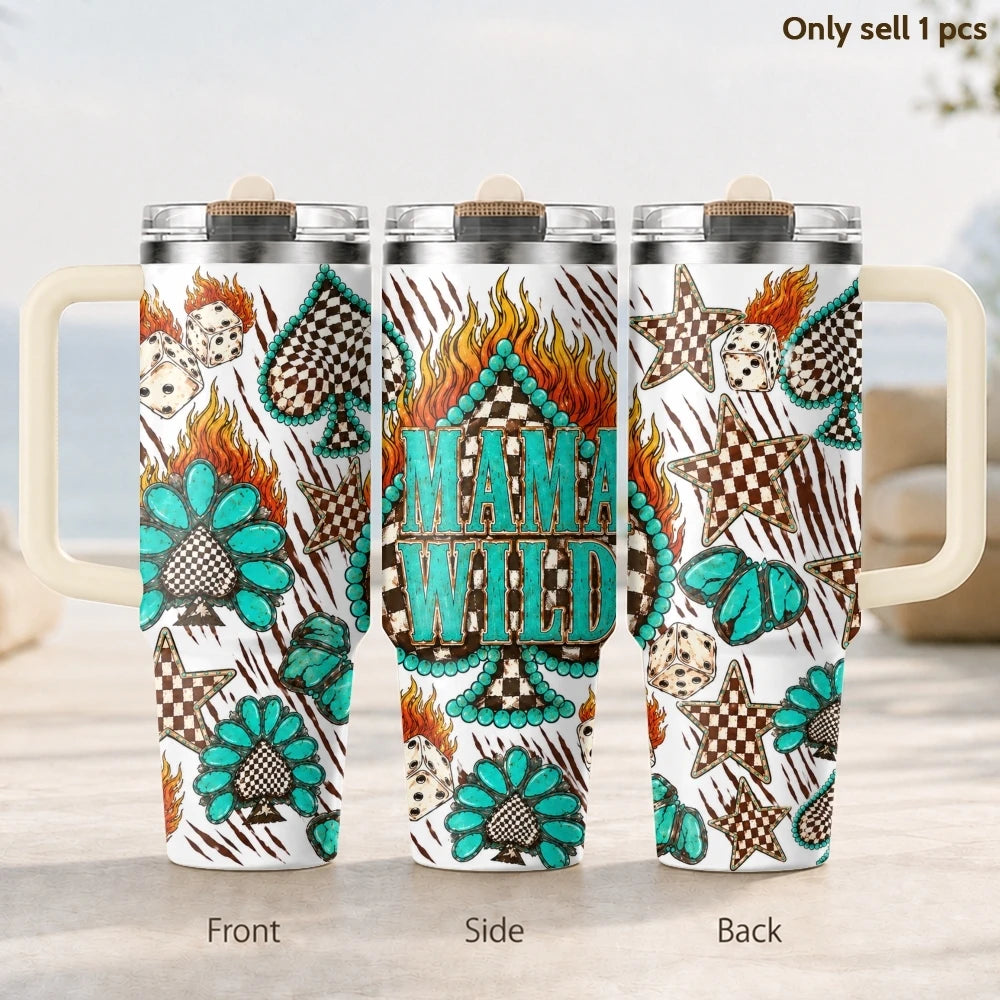 Turquoise Western Mama Vacuum Flasks 40oz 3rd Gen Vacuum Insulated Stainless Steel Tumbler Cup With Handle Straw Lid For Gifts