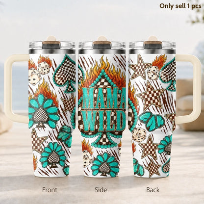 Turquoise Western Mama Vacuum Flasks 40oz 3rd Gen Vacuum Insulated Stainless Steel Tumbler Cup With Handle Straw Lid For Gifts