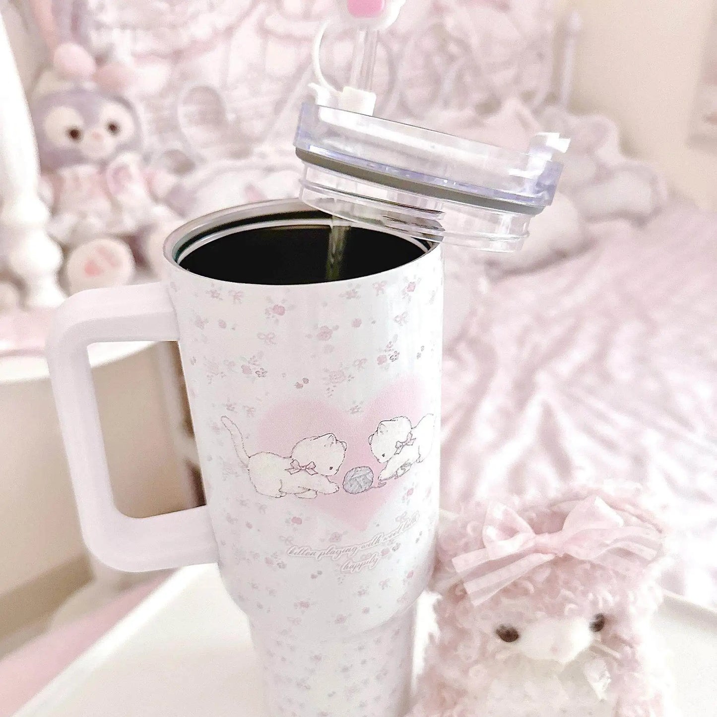Large Cat Tumbler - Cute 304 Stainless Steel Straw Mug, Insulated Water Bottle for Home Car,Leak Proof Travel Cup,Gift for Women