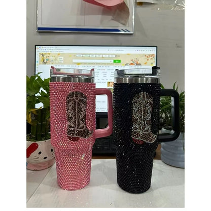 Diamond Bling Handle Cup Rhinestone Tumbler Vaccum Steel Stainless Bottle Thermal Insulation Kettle Coffee Mug Handcraft Gift