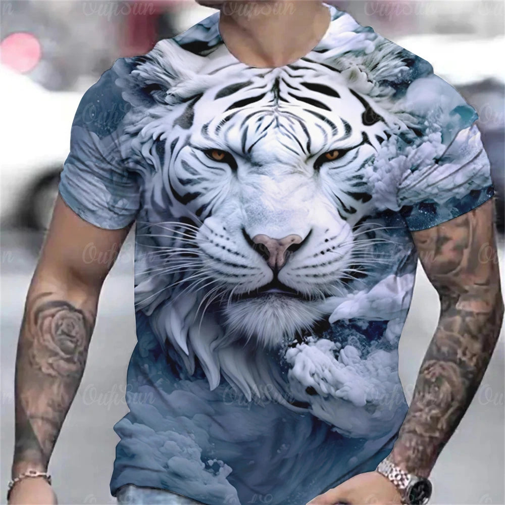 Tiger Print T-Shirt 3D Animal Men's Shirts Summer Short Sleeved Male Pullover Oversized T-shirts Casual Tops Tees Men Clothing