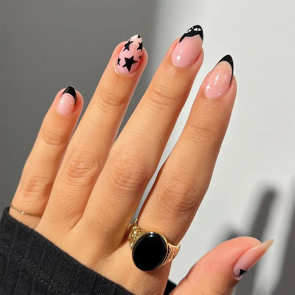 French Fake Nails Red Five-pointed Star False Nails Full Cover Press on Nail Tips y2k Nail Art Almond Artificial Nail Patches