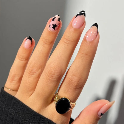 French Fake Nails Red Five-pointed Star False Nails Full Cover Press on Nail Tips y2k Nail Art Almond Artificial Nail Patches