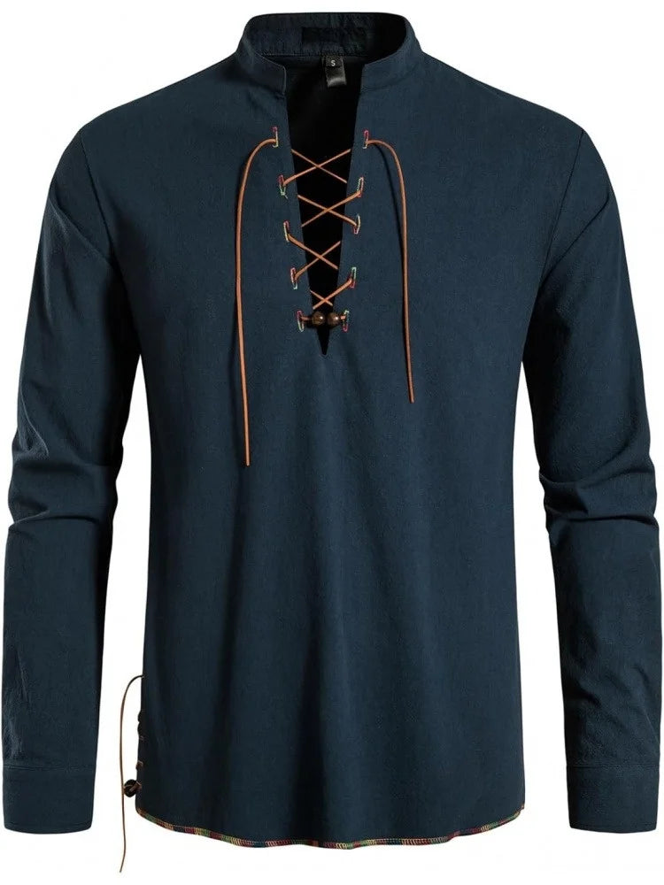 Men's Pure Cotton Retro Lace Up Shirts, Renaissance Pirate Viking Medieval Style, T-shirt for daily leisure and Halloween stage