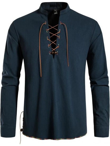 Men's Pure Cotton Retro Lace Up Shirts, Renaissance Pirate Viking Medieval Style, T-shirt for daily leisure and Halloween stage