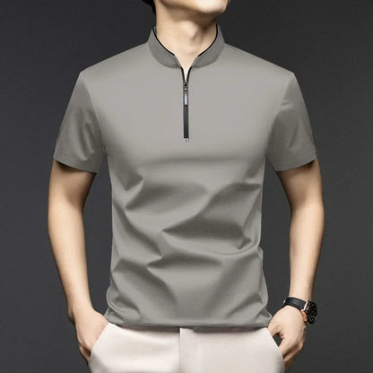 2025 New Men's Casual Fashion Zipper Solid Color Short Sleeved Polo Shirt Stand Up Collar Versatile Comfortable Top