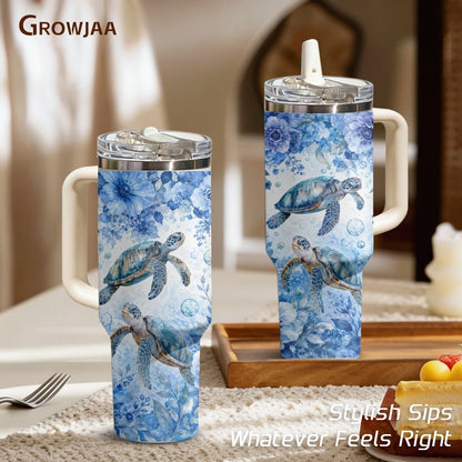 Marine Animal Turtle Vacuum Flasks 40oz 3rd Gen Vacuum Insulated Stainless Steel Tumbler Cup with Handle Straw Lid for Gifts