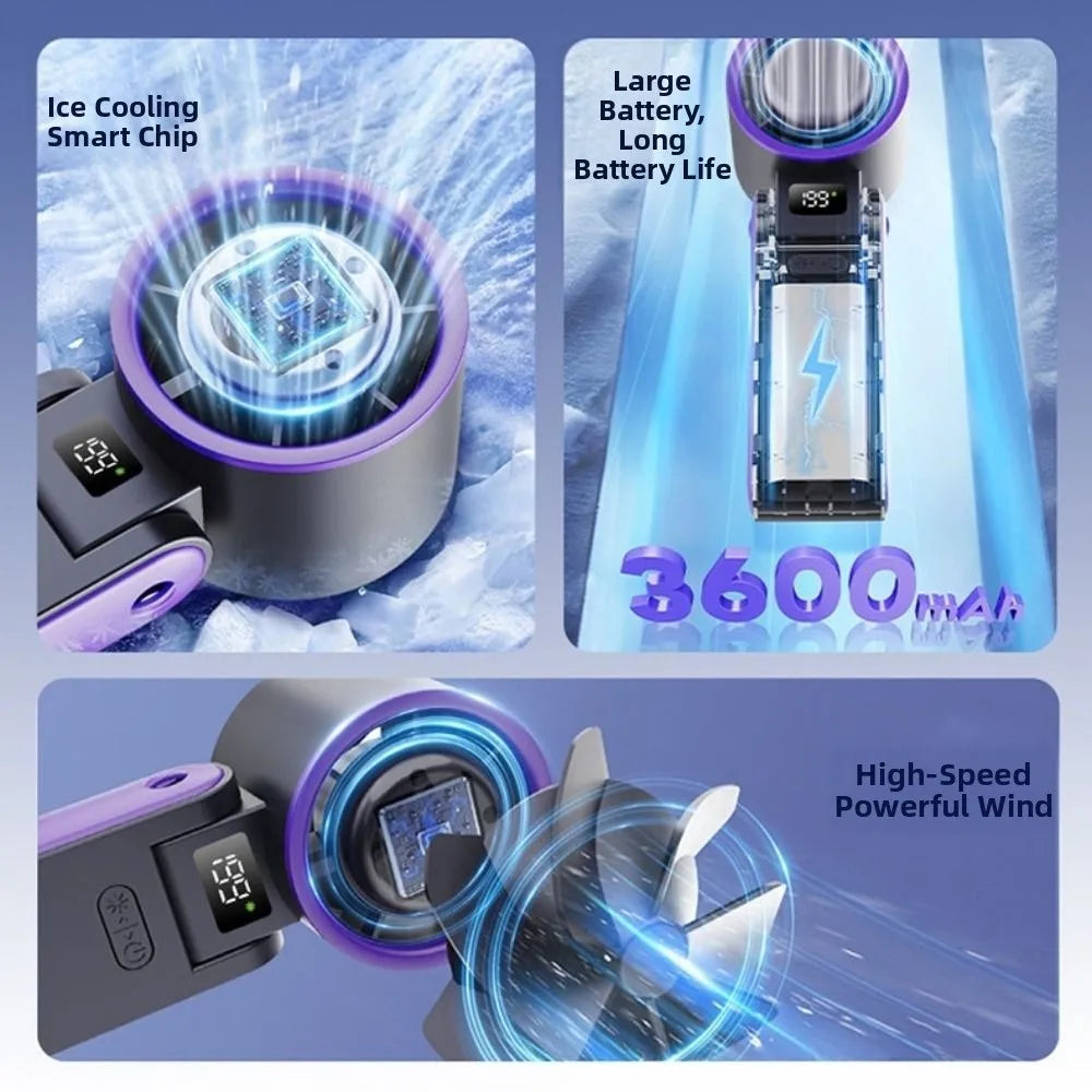 Ice Compress Cool Refrigeration Electric Fan Colorful Lighting Foldable Mini Handheld Fan Powerful Airflow High Wind Speed
