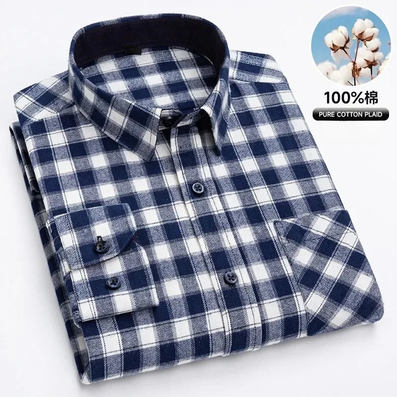 Autumn Thick Flannel Shirt Plaid Shirts Standard-Fit  For Men Long Sleeve Pure Cotton Fashion Single Patch Pocket Design Young