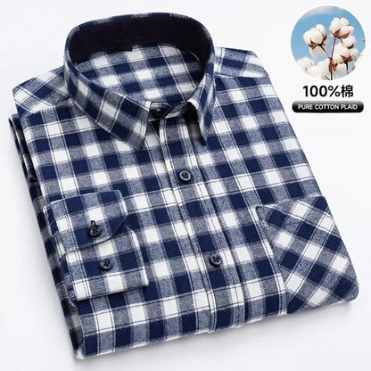 Autumn Thick Flannel Shirt Plaid Shirts Standard-Fit  For Men Long Sleeve Pure Cotton Fashion Single Patch Pocket Design Young