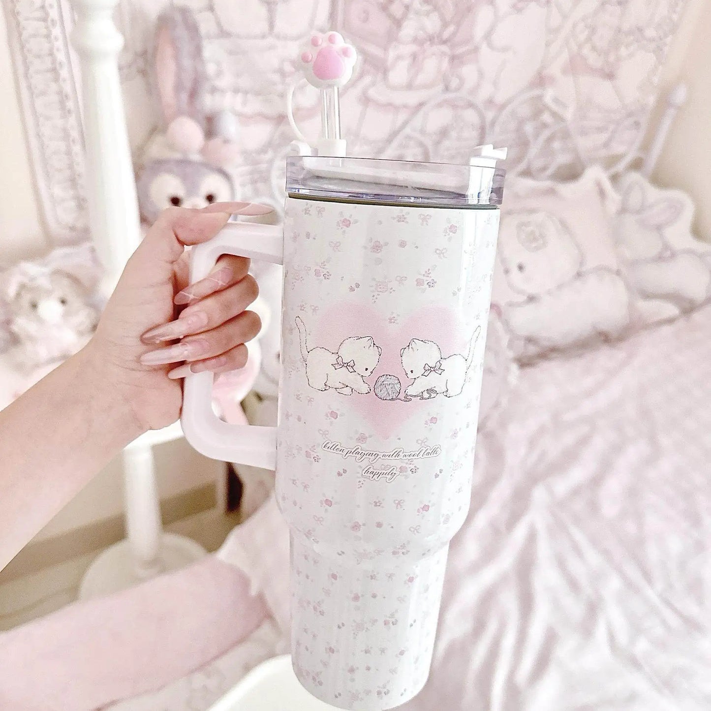 Large Cat Tumbler - Cute 304 Stainless Steel Straw Mug, Insulated Water Bottle for Home Car,Leak Proof Travel Cup,Gift for Women