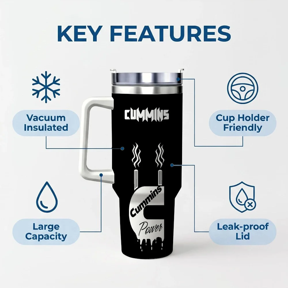 Powered by Cummins Vacuum Flasks 40oz Stainless Steel Insulated Tumbler with Handle Straw