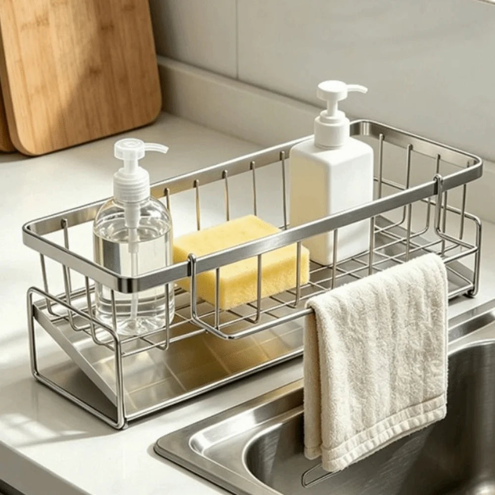 Stainless Steel Metal Sponge Holder Multi-Functional Space-Saving Sink Shelf Rust-Proof Automatic Drainage Sink Organizer Sink