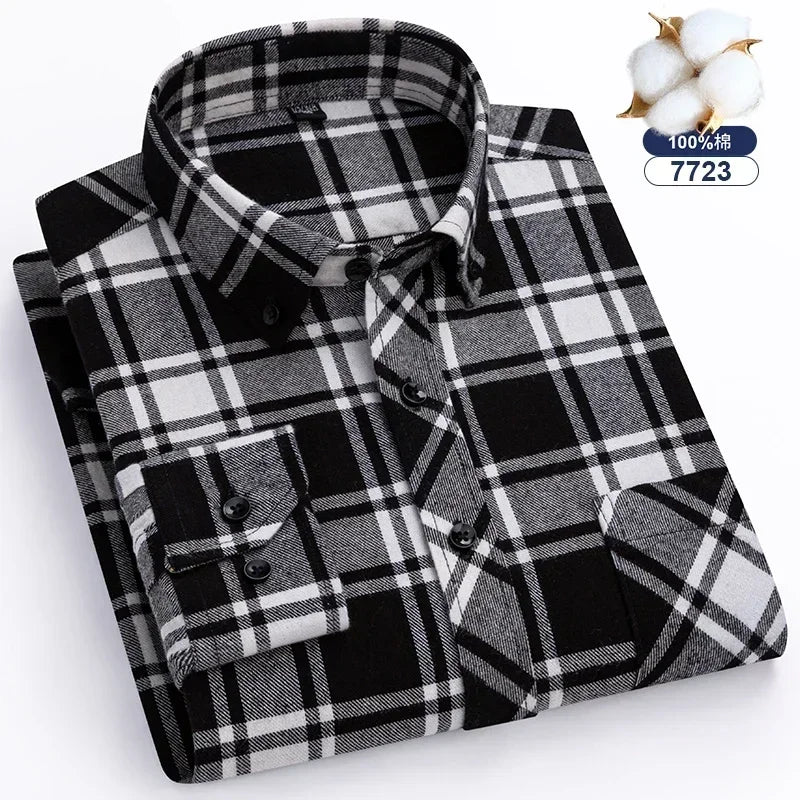 Autumn Thick Flannel Shirt Plaid Shirts Standard-Fit  For Men Long Sleeve Pure Cotton Fashion Single Patch Pocket Design Young