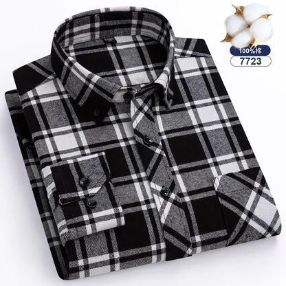 Autumn Thick Flannel Shirt Plaid Shirts Standard-Fit  For Men Long Sleeve Pure Cotton Fashion Single Patch Pocket Design Young