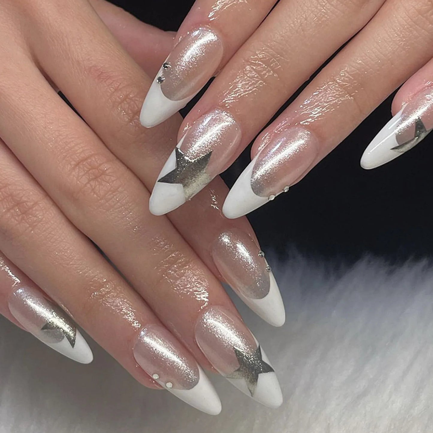 French Fake Nails Red Five-pointed Star False Nails Full Cover Press on Nail Tips y2k Nail Art Almond Artificial Nail Patches