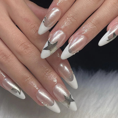 French Fake Nails Red Five-pointed Star False Nails Full Cover Press on Nail Tips y2k Nail Art Almond Artificial Nail Patches