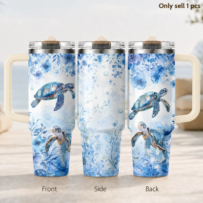 Marine Animal Turtle Vacuum Flasks 40oz 3rd Gen Vacuum Insulated Stainless Steel Tumbler Cup with Handle Straw Lid for Gifts