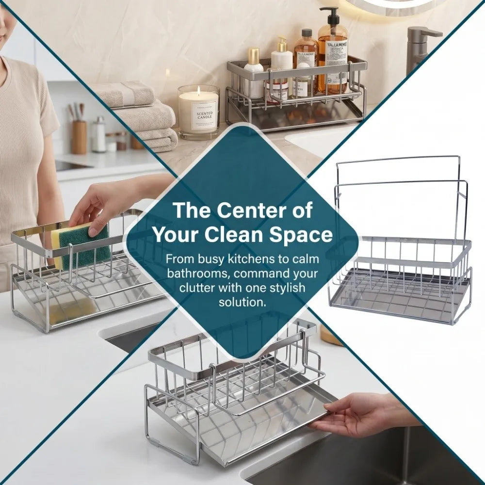 Stainless Steel Metal Sponge Holder Multi-Functional Space-Saving Sink Shelf Rust-Proof Automatic Drainage Sink Organizer Sink