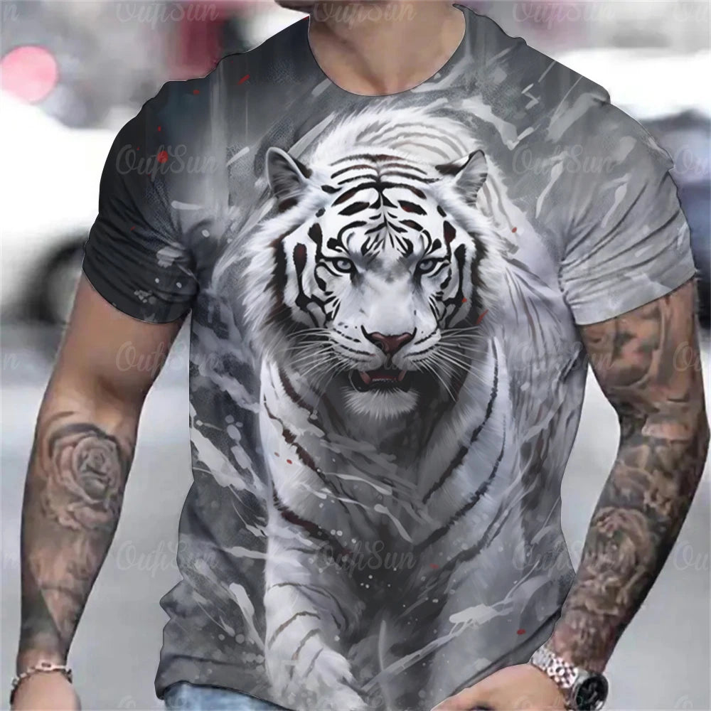 Tiger Print T-Shirt 3D Animal Men's Shirts Summer Short Sleeved Male Pullover Oversized T-shirts Casual Tops Tees Men Clothing
