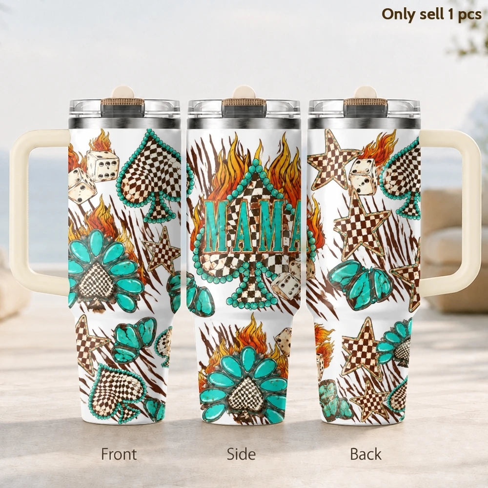 Turquoise Western Mama Vacuum Flasks 40oz 3rd Gen Vacuum Insulated Stainless Steel Tumbler Cup With Handle Straw Lid For Gifts