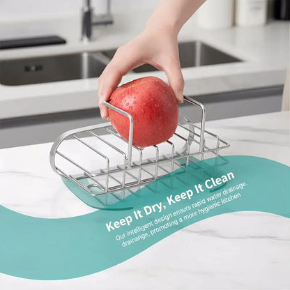 Sink Organizer - Stainless Steel Suction Sponge Stand - Fast-Draining, Easy-Clean Holder with Hook for Modern Kitchens