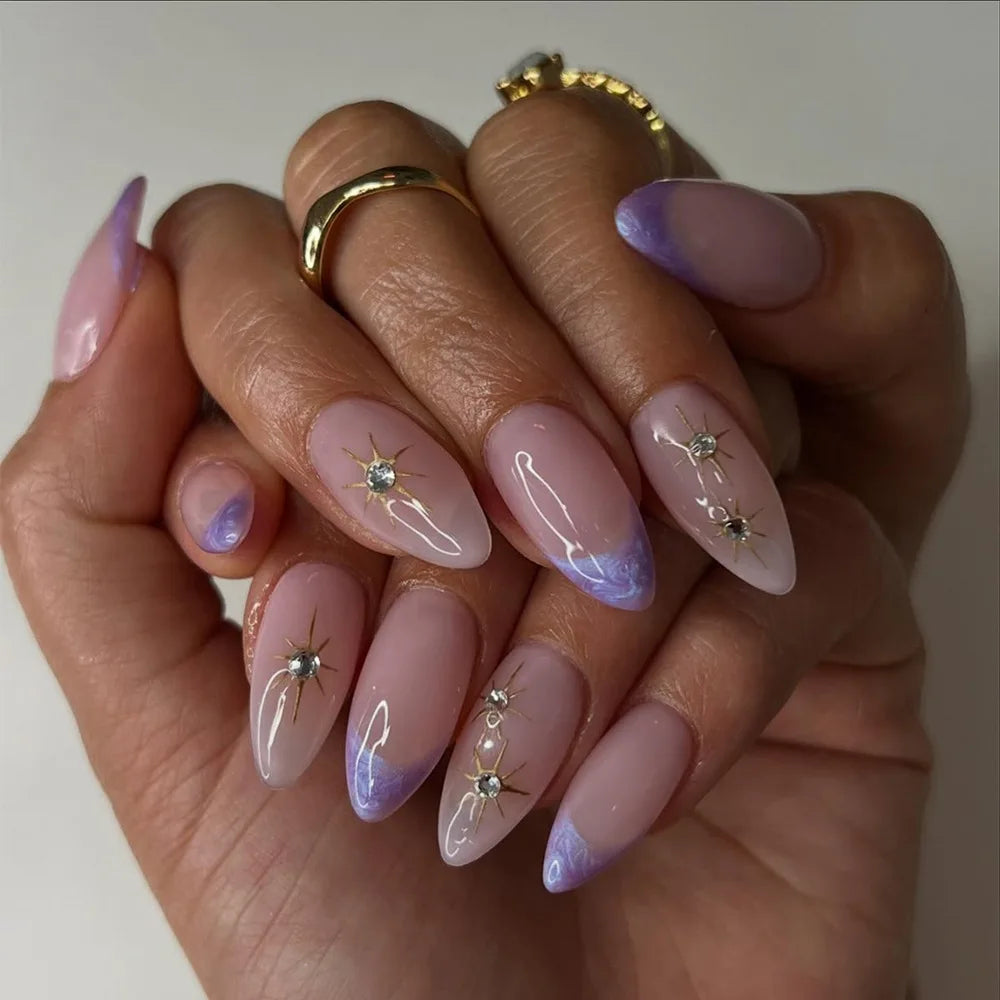24Pc False Nails with Glue Almond Black Red Gradient Design Detachable Rhinestone Acrylic Fake Nail Long Stiletto Press on Nails