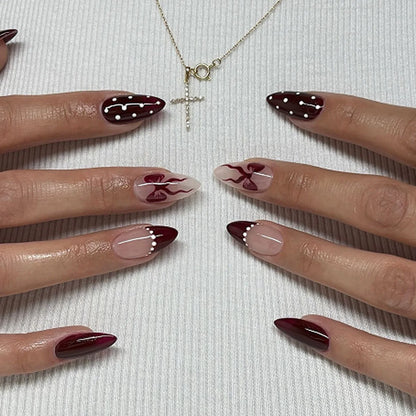 French Fake Nails Red Five-pointed Star False Nails Full Cover Press on Nail Tips y2k Nail Art Almond Artificial Nail Patches