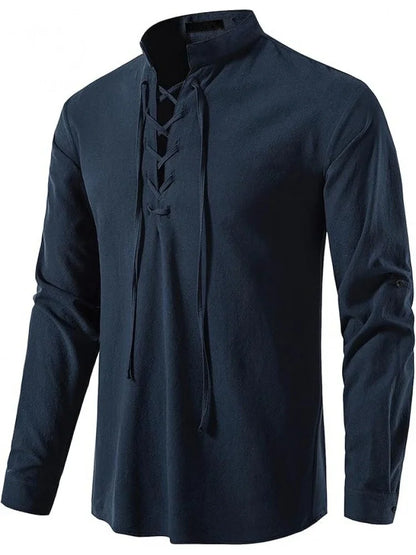 Men's Pure Cotton Retro Lace Up Shirts, Renaissance Pirate Viking Medieval Style, T-shirt for daily leisure and Halloween stage