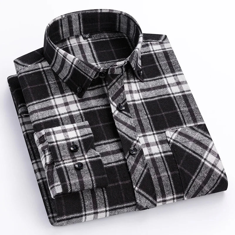 Autumn Thick Flannel Shirt Plaid Shirts Standard-Fit  For Men Long Sleeve Pure Cotton Fashion Single Patch Pocket Design Young