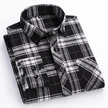 Autumn Thick Flannel Shirt Plaid Shirts Standard-Fit  For Men Long Sleeve Pure Cotton Fashion Single Patch Pocket Design Young