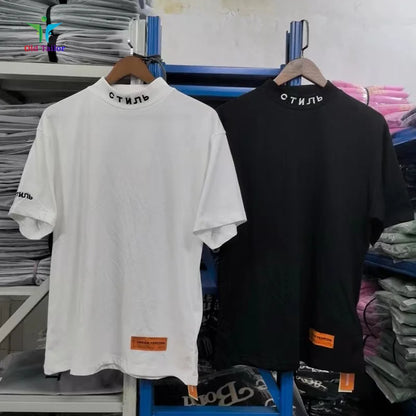 Trend Letters Embroidery High Collar Brand T-shirt Best Quality Summer Solid Colour Fashion Premium Tee Mens Womens Tops