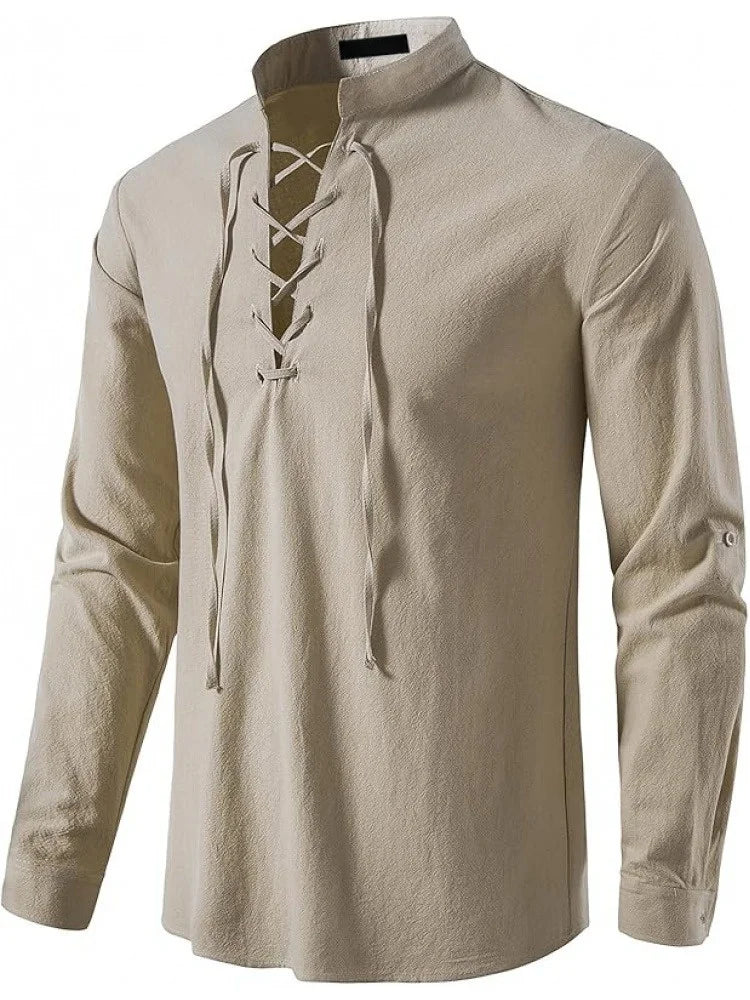 Men's Pure Cotton Retro Lace Up Shirts, Renaissance Pirate Viking Medieval Style, T-shirt for daily leisure and Halloween stage