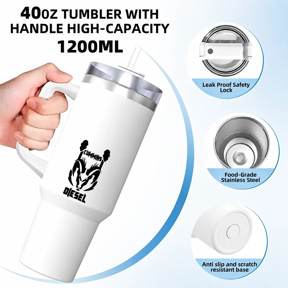 Powered by Cummins Vacuum Flasks 40oz Stainless Steel Insulated Tumbler with Handle Straw