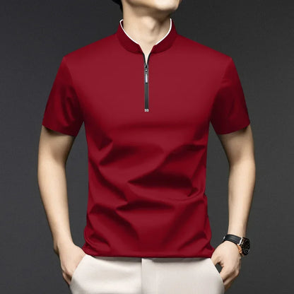 2025 New Men's Casual Fashion Zipper Solid Color Short Sleeved Polo Shirt Stand Up Collar Versatile Comfortable Top