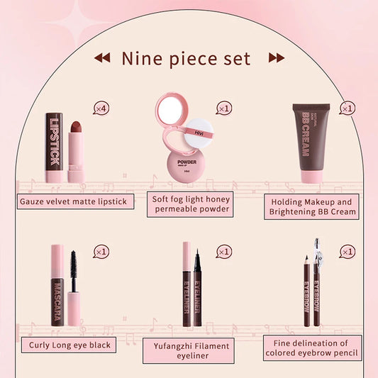 Gift Box 9-piece Lipstick Powder Mascara Eyebrow Pencil Set