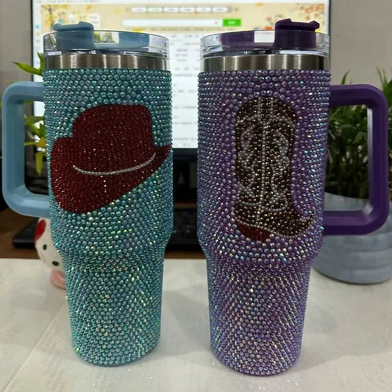 Diamond Bling Handle Cup Rhinestone Tumbler Vaccum Steel Stainless Bottle Thermal Insulation Kettle Coffee Mug Handcraft Gift