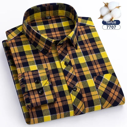 Autumn Thick Flannel Shirt Plaid Shirts Standard-Fit  For Men Long Sleeve Pure Cotton Fashion Single Patch Pocket Design Young