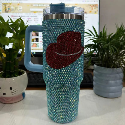 Diamond Bling Handle Cup Rhinestone Tumbler Vaccum Steel Stainless Bottle Thermal Insulation Kettle Coffee Mug Handcraft Gift