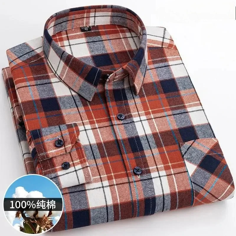 Autumn Thick Flannel Shirt Plaid Shirts Standard-Fit  For Men Long Sleeve Pure Cotton Fashion Single Patch Pocket Design Young