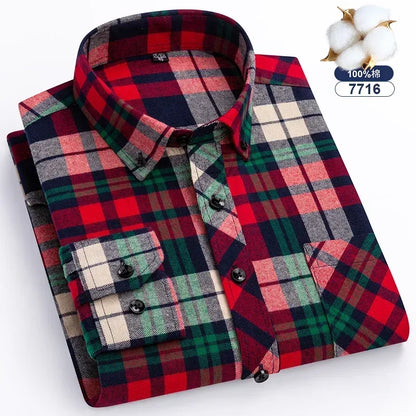 Autumn Thick Flannel Shirt Plaid Shirts Standard-Fit  For Men Long Sleeve Pure Cotton Fashion Single Patch Pocket Design Young