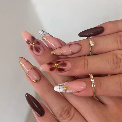 French Fake Nails Red Five-pointed Star False Nails Full Cover Press on Nail Tips y2k Nail Art Almond Artificial Nail Patches