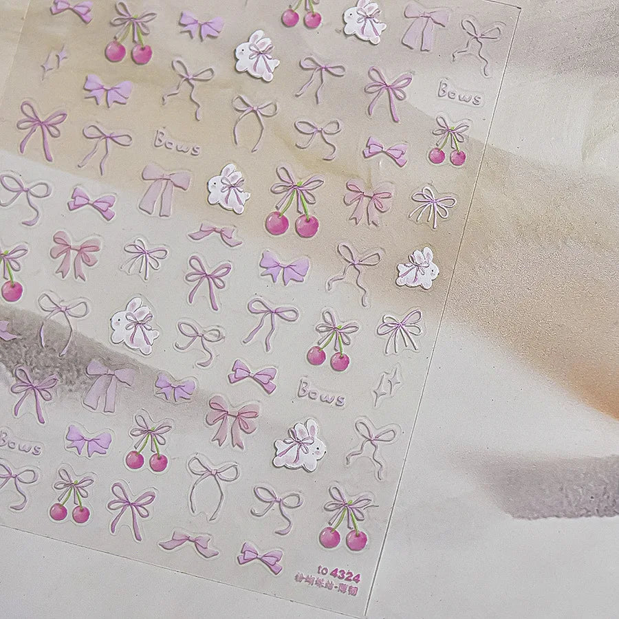 Thin and Tough Nails Sticker 3D Cute Pink Starry Sky Nail Art Stickers Long Bows Ribbon Self Adhesive Nail Decoration Decals DIY
