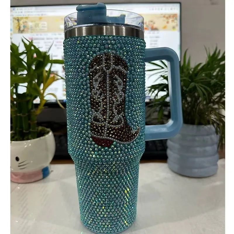 Diamond Bling Handle Cup Rhinestone Tumbler Vaccum Steel Stainless Bottle Thermal Insulation Kettle Coffee Mug Handcraft Gift