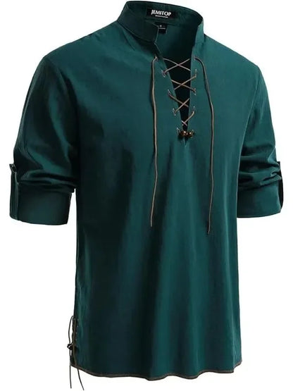 Men's Pure Cotton Retro Lace Up Shirts, Renaissance Pirate Viking Medieval Style, T-shirt for daily leisure and Halloween stage