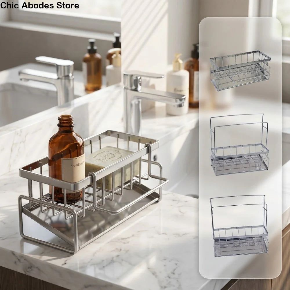 Stainless Steel Metal Sponge Holder Multi-Functional Space-Saving Sink Shelf Rust-Proof Automatic Drainage Sink Organizer Sink