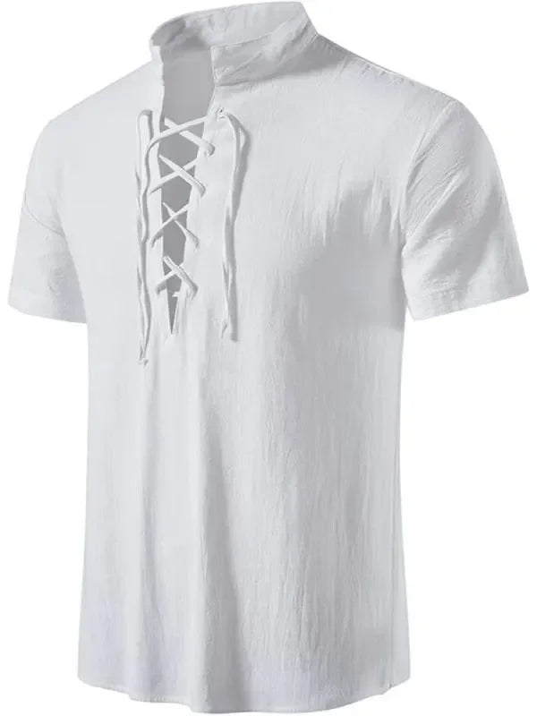 Men's Pure Cotton Retro Lace Up Shirts, Renaissance Pirate Viking Medieval Style, T-shirt for daily leisure and Halloween stage