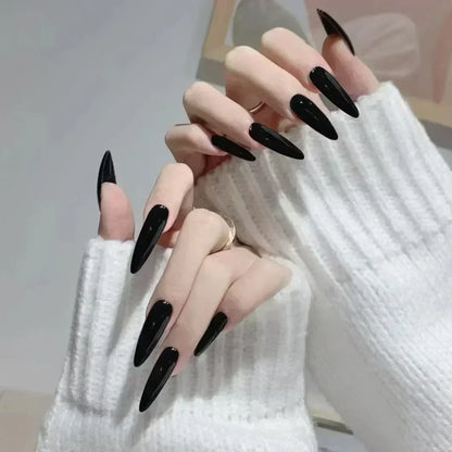 24Pc False Nails with Glue Almond Black Red Gradient Design Detachable Rhinestone Acrylic Fake Nail Long Stiletto Press on Nails