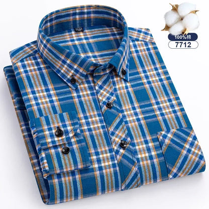 Autumn Thick Flannel Shirt Plaid Shirts Standard-Fit  For Men Long Sleeve Pure Cotton Fashion Single Patch Pocket Design Young
